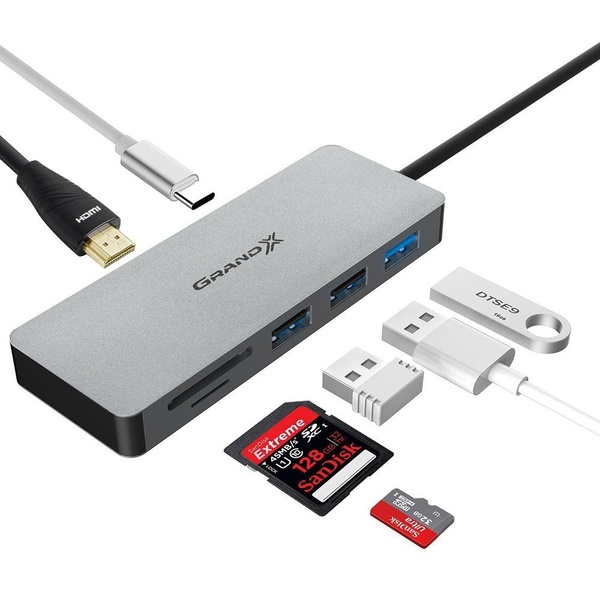 Концентратор USB 3.1 Type-C Grand-X PD Сharging HDMI/3хUSB/Type-C/OTG/CR (SG-512) SG-512 фото