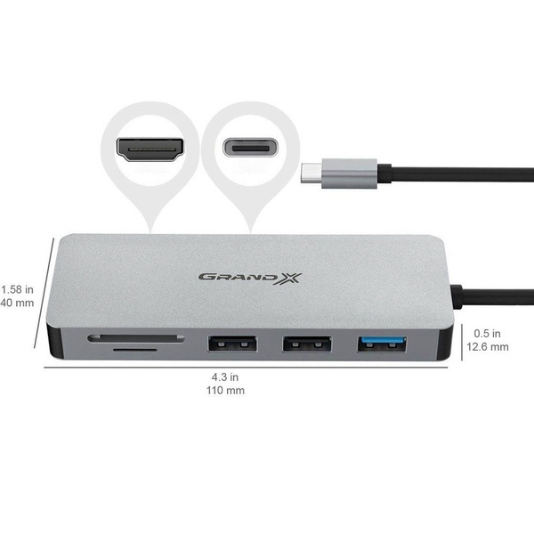 Концентратор USB 3.1 Type-C Grand-X PD Сharging HDMI/3хUSB/Type-C/OTG/CR (SG-512) SG-512 фото