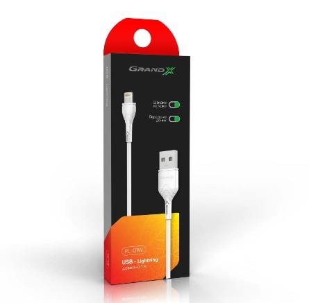 Кабель Grand-X USB-Lightning, 1м, Cu, 2,1A, White (PL01W) PL01W фото