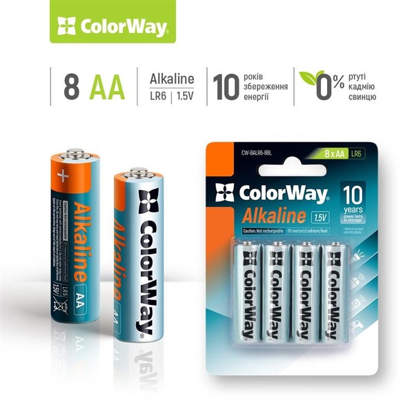 Батарейка ColorWay Alkaline Power AA/LR06 BL 8шт CW-BALR06-8BL фото