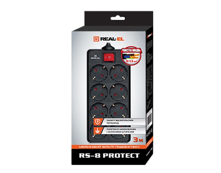 Фільтр живлення REAL-EL RS-8 PROTECT 3.0m Black EL122300022 фото