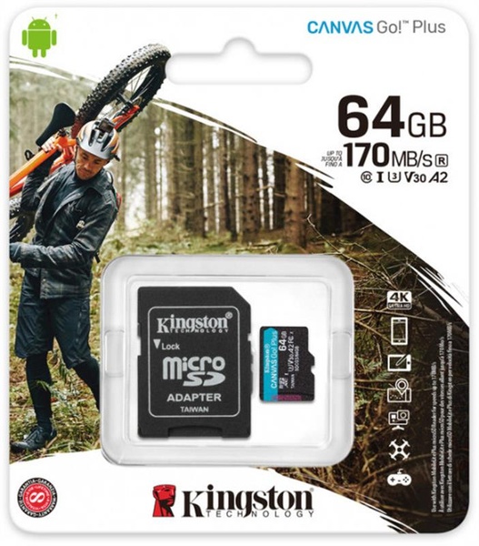 Карта пам`яти MicroSDXC 64GB UHS-I/U3 Class 10 Kingston Canvas Go! Plus R170/W70MB/s + SD-адаптер (SDCG3/64GB) SDCG3/64GB фото