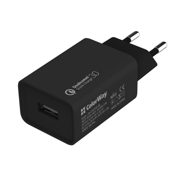 Мережевий зарядний пристрій ColorWay (1USBx3A) QC3.0 Black (CW-CHS013QCL-BK) + кабель Lightning CW-CHS013QCL-BK фото
