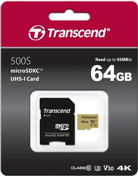 Карта пам`ятi MicroSDXC 64GB UHS-I/U3 Class 10 Transcend 500S + SD-adapter (TS64GUSD500S) TS64GUSD500S фото