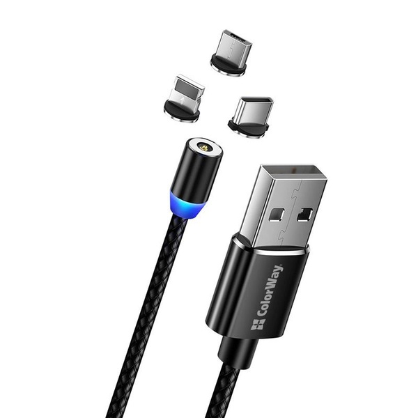 Кабель ColorWay Magnetic USB-Lightning/MicroUSB/USB-C, 2.4А, 1м, Black (CW-CBUU020-BK) CW-CBUU020-BK фото