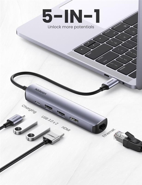 Концентратор USB Type-C Ugreen CM418 2xUSB 3.0 + HDMI + RJ45 1000M Ethernet, Gray (10919) 10919 фото