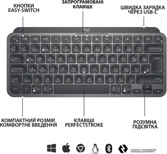 Клавіатура бездротова Logitech MX Keys Mini Wireless Illuminated Graphite (920-010498) 920-010498 фото