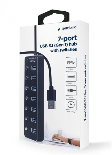 Концентратор USB 3.0 Gembird 7хUSB3.0, з вимикачами, пластик/метал, Black (UHB-U3P7P-01) UHB-U3P7P-01 фото