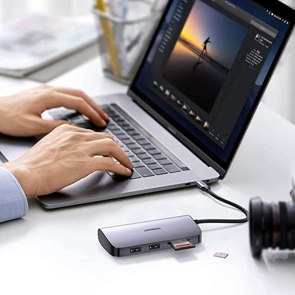Концентратор USB Type-C Ugreen CM212 2xUSB 3.0 + HDMI + RJ45 1000M Ethernet + Cardreader, Gray (50852) 50852 фото