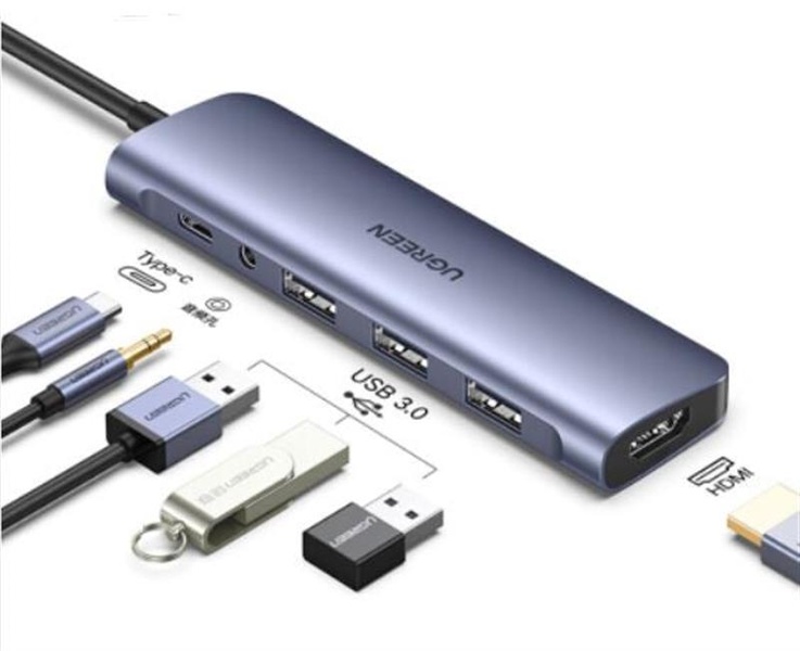 Концентратор USB Type-C Ugreen CM136 3xUSB 3.0 + HDMI + 3.5 мм, Gray (80132) 80132 фото