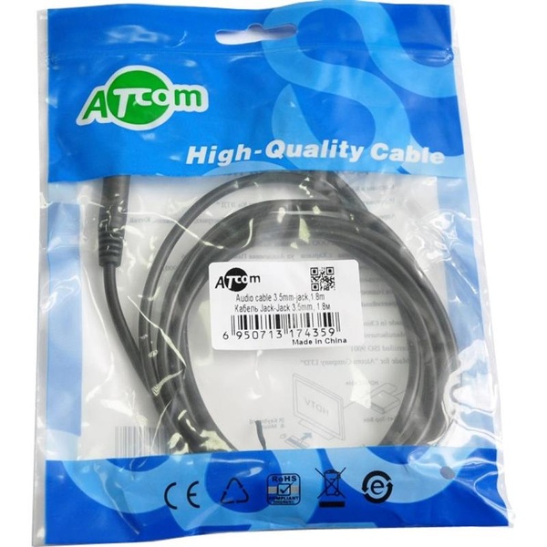 Аудіо-кабель Atcom 3.5 мм - 3.5 мм (M/M), 1.8 м, чорний (17435) пакет 17435 фото