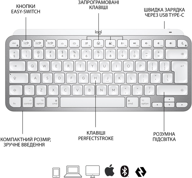 Клавіатура бездротова Logitech MX Keys Mini For Mac Minimalist Wireless Illuminated Pale Grey (920-010526) 920-010526 фото