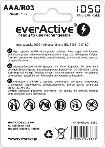 Акумулятор everActive AAA/HR03 Ni-MH 1050mAh BL 4шт EVHRL03-1050 фото