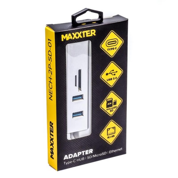 Концентратор USB Type-C Maxxter 2хUSB3.0, RJ-45, microSD/TF, метал, Grey (NECH-2P-SD-01) NECH-2P-SD-01 фото