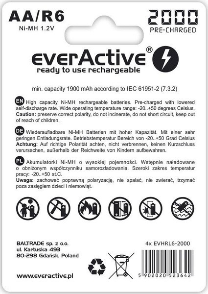 Акумулятор everActive AA/HR06 Ni-MH 2000mAh BL 4шт EVHRL6-2000 фото