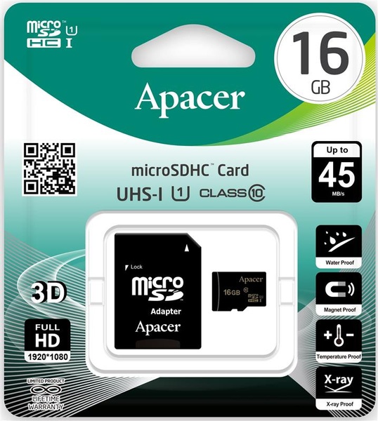 Карта пам`ятi MicroSDHC 16GB UHS-I Class 10 Apacer + SD adapter (AP16GMCSH10U1-R) AP16GMCSH10U1-R фото