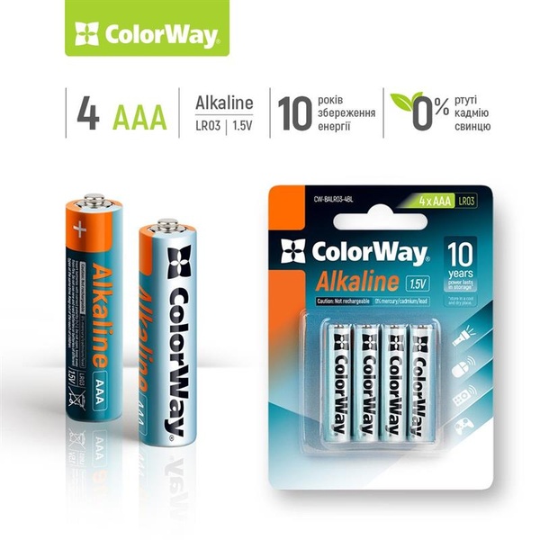Батарейка ColorWay Alkaline Power AAA/LR03 BL 4шт CW-BALR03-4BL фото