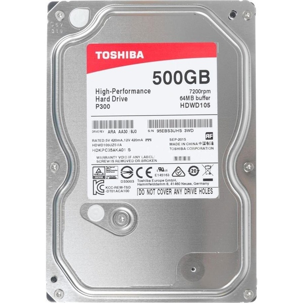 Накопичувач HDD SATA 500GB Toshiba P300 7200rpm 64MB (HDWD105UZSVA) HDWD105UZSVA фото