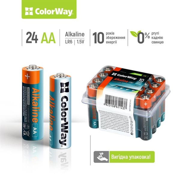 Батарейка ColorWay Alkaline Power AA/LR06 Plactic Box 24шт CW-BALR06-24PB фото
