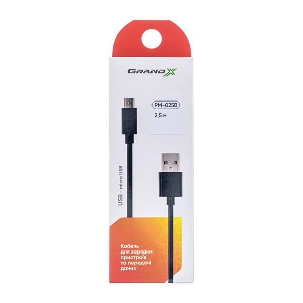 Кабель Grand-X USB-microUSB, Cu, 2.5м Black (PM025B) box PM025B фото