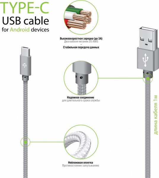 Кабель Intaleo CBGNYT1 USB-USB Type-C 1м Grey (1283126489136) 1283126489136 фото