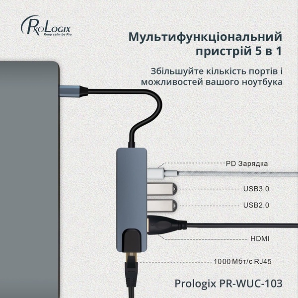 Мережевий адаптер USB-C ProLogix (PR-WUC-103B) 5 in 1 USB3.1 Type C to HDMI+2*USB3.0+USB C PD+Lan PR-WUC-103B фото