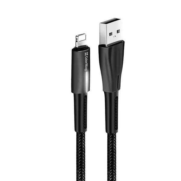 Кабель ColorWay USB-Lightning, 2.4А, 1м, Zinc Alloy + Led, Black (CW-CBUL035-BK) CW-CBUL035-BK фото