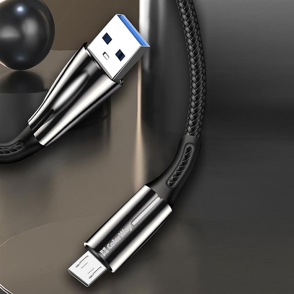 Кабель ColorWay USB-MicroUSB, 2.4А, 1м, Zinc Alloy + Led, Black (CW-CBUM035-BK) CW-CBUM035-BK фото