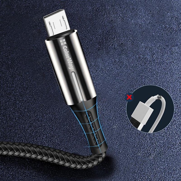 Кабель ColorWay USB-MicroUSB, 2.4А, 1м, Zinc Alloy + Led, Black (CW-CBUM035-BK) CW-CBUM035-BK фото