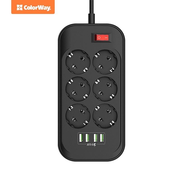 Фільтр живлення СolorWay (CW-CHE64B) 6 розеток, 4xUSB, 2м, Black CW-CHE64B фото