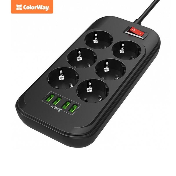 Фільтр живлення СolorWay (CW-CHE64B) 6 розеток, 4xUSB, 2м, Black CW-CHE64B фото