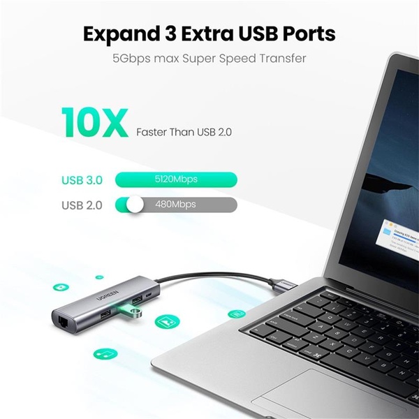 Концентратор USB Type-C Ugreen CM266 3xUSB 3.0 + HDMI + RJ45 1000M Ethernet, Gray (60812) 60812 фото