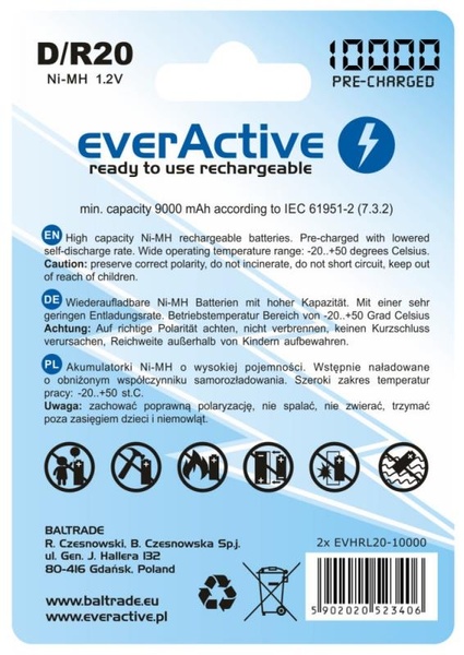 Акумулятор everActive D/HR20 10000mAh BL 2шт 2x EVHRL20-10000 фото