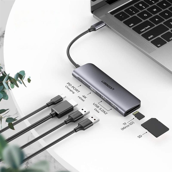 Концентратор USB Type-C Ugreen CM195 2xUSB 3.0 + HDMI + Cardreader, Gray (70411) 70411 фото