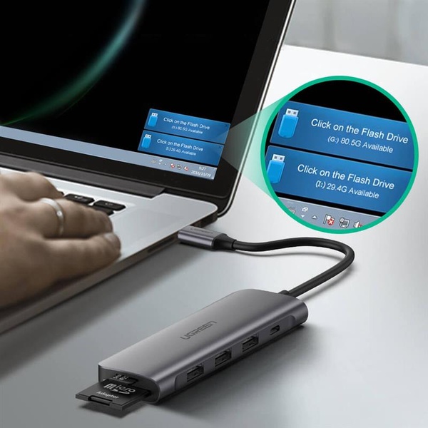 Концентратор USB Type-C Ugreen CM195 2xUSB 3.0 + HDMI + Cardreader, Gray (70411) 70411 фото