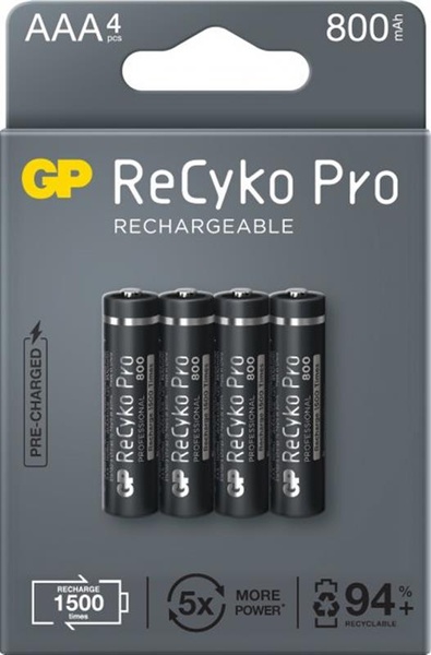 Акумулятори GP Recyko Pro 800 AAA/HR03 NI-MH 800mAh BL 4 шт GP85AAAHCB-2EB4 фото