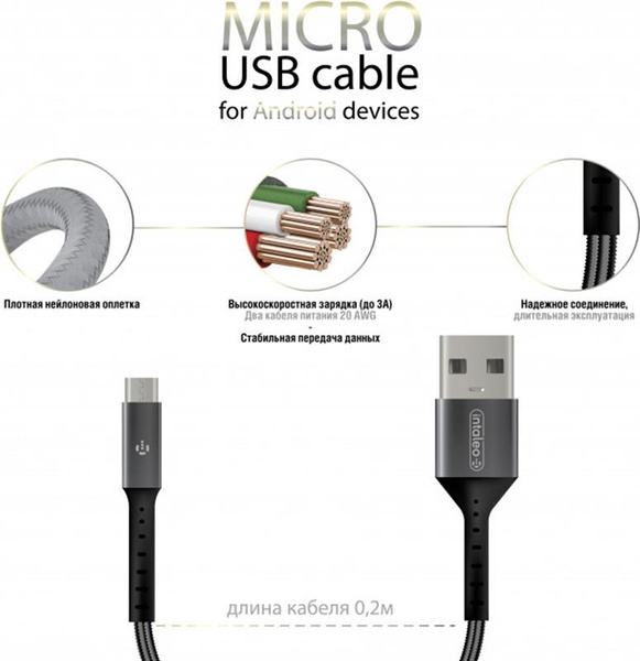 Кабель Intaleo CB0 USB-microUSB 0.2м Black/Grey (1283126495632) 1283126495632 фото