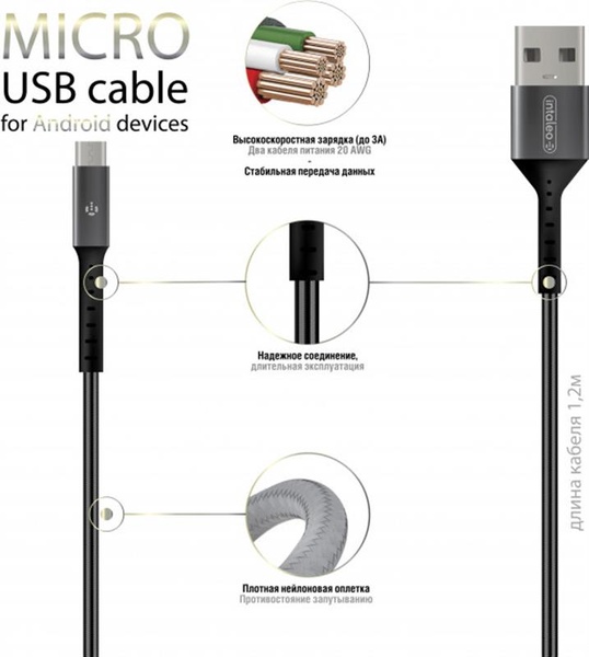 Кабель Intaleo CB0 USB-microUSB 1.2м Black/Grey (1283126495649) 1283126495649 фото