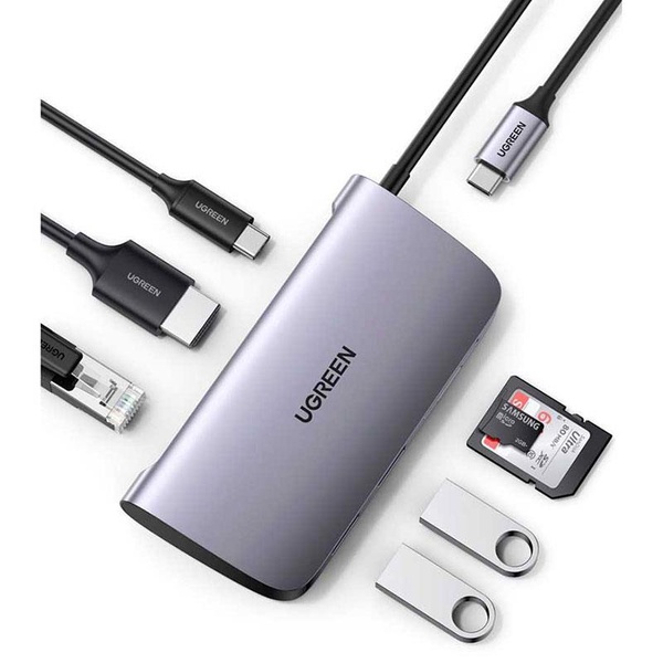 Концентратор USB Type-C Ugreen CM212 2xUSB 3.0 + HDMI + RJ45 1000M Ethernet + Cardreader, Gray (50852) 50852 фото