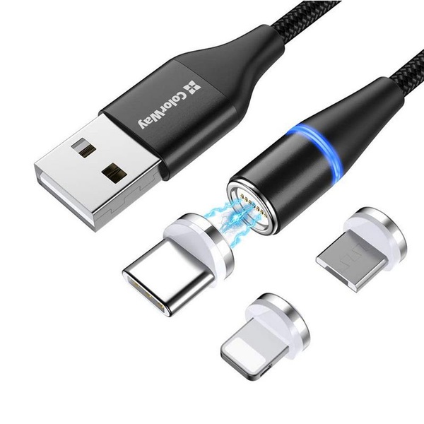 Кабель ColorWay Magnetic USB-Lightning + microUSB + USB-C Magnetic Data/Quick Charge, 2.4А, 1м, Black (CW-CBUU038-BK) CW-CBUU038-BK фото