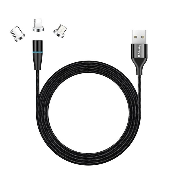 Кабель ColorWay Magnetic USB-Lightning + microUSB + USB-C Magnetic Data/Quick Charge, 2.4А, 1м, Black (CW-CBUU038-BK) CW-CBUU038-BK фото