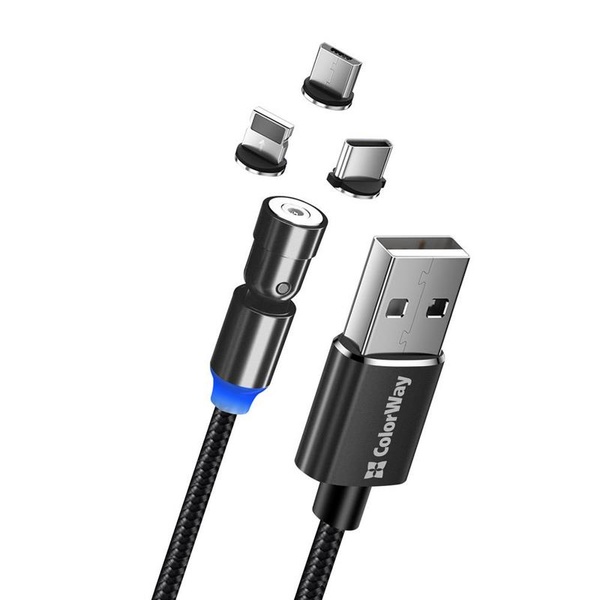 Кабель ColorWay USB-Lightning + microUSB + USB-C Magnetic Rotation 540°, 2.4А, 1м, Black (CW-CBUU037-BK) CW-CBUU037-BK фото