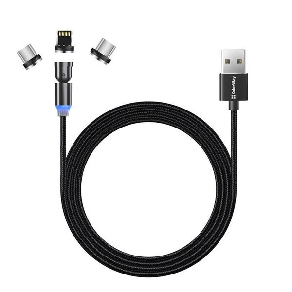 Кабель ColorWay USB-Lightning + microUSB + USB-C Magnetic Rotation 540°, 2.4А, 1м, Black (CW-CBUU037-BK) CW-CBUU037-BK фото