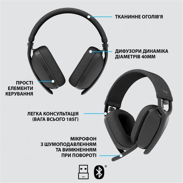 Bluetooth-гарнітура Logitech Zone Vibe 125 Wireless Headphones Graphite (981-001126) 981-001126 фото