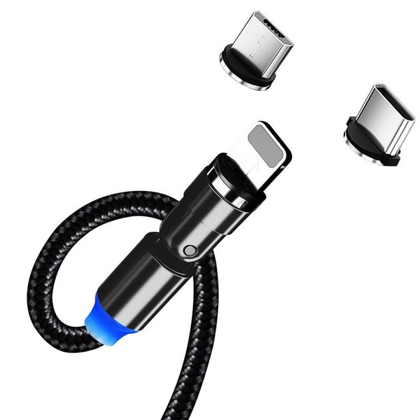 Кабель ColorWay USB-Lightning + microUSB + USB-C Magnetic Rotation 540°, 2.4А, 1м, Black (CW-CBUU037-BK) CW-CBUU037-BK фото