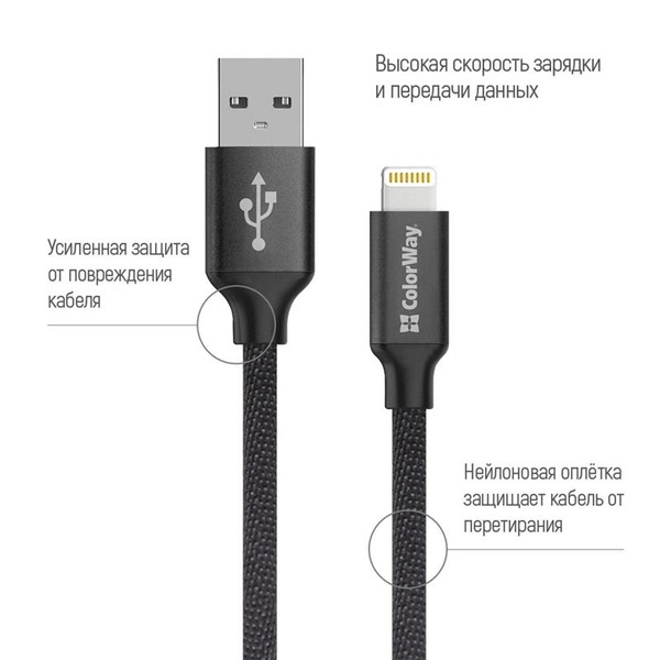 Кабель ColorWay USB-Lihgtning, 2.4А, 2м, Black (CW-CBUL007-BK) CW-CBUL007-BK фото