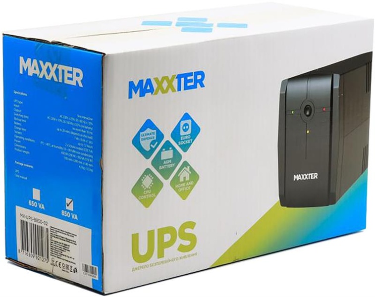 Джерело безребійного живлення Maxxter MX-UPS-B850-02 850VA, AVR, 2xShuko MX-UPS-B850-02 фото