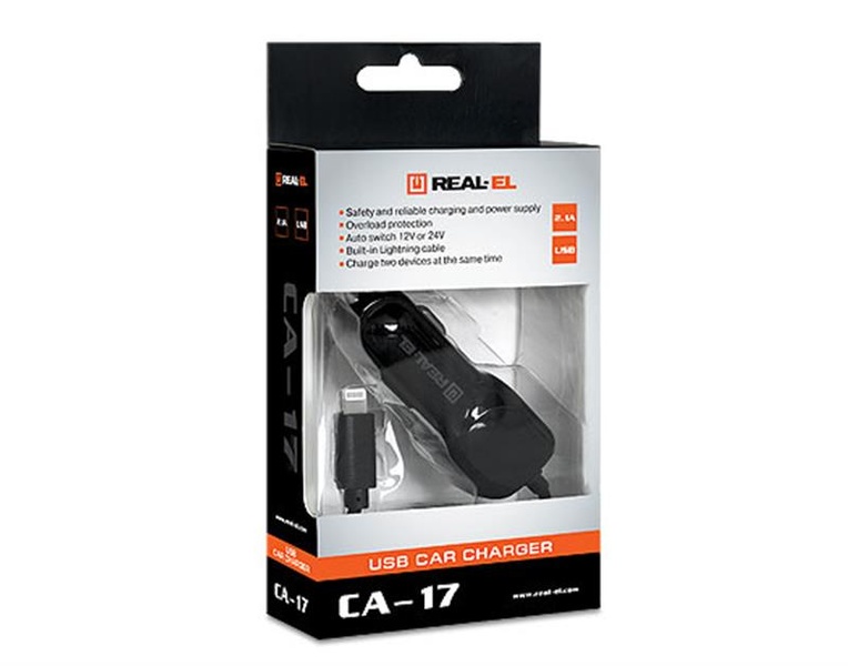 Автомобільний зарядний пристрій REAL-EL CA-17 (2USB, 2.1A) Black + кабель Lightning EL123160010 фото