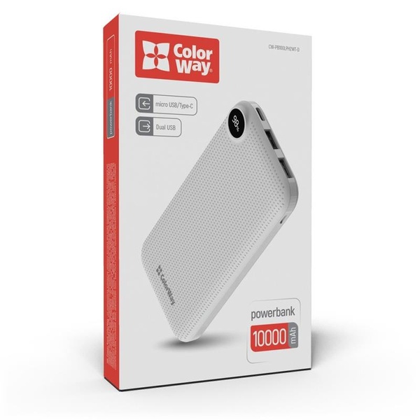 Універсальна мобільна батарея ColorWay Slim, LCD 10000mAh White (CW-PB100LPH2WT-D) CW-PB100LPH2WT-D фото