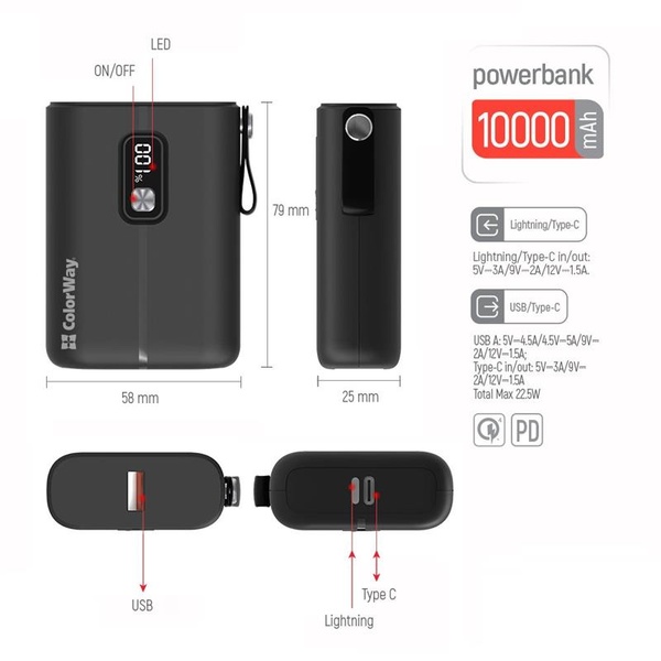 Універсальна мобільна батарея ColorWay Full Power 10000mAh Black (CW-PB100LPK2BK-PDD) CW-PB100LPK2BK-PDD фото